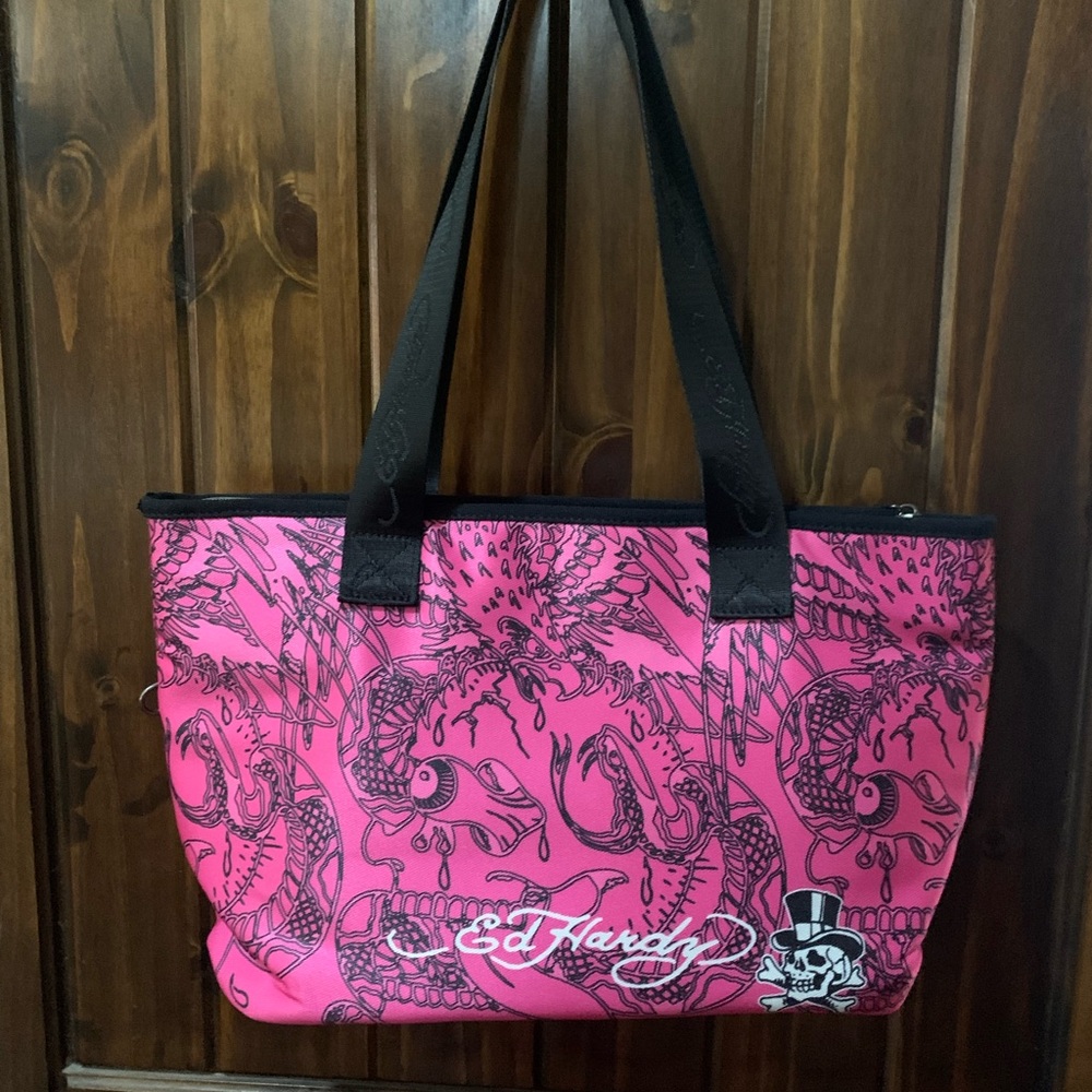 Ed Hardy Pink and Black Graphic Tote - Picture 2 of 10